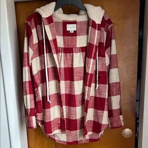 American Eagle Outfitters Red and Cream Flannel with Sherpa Hood